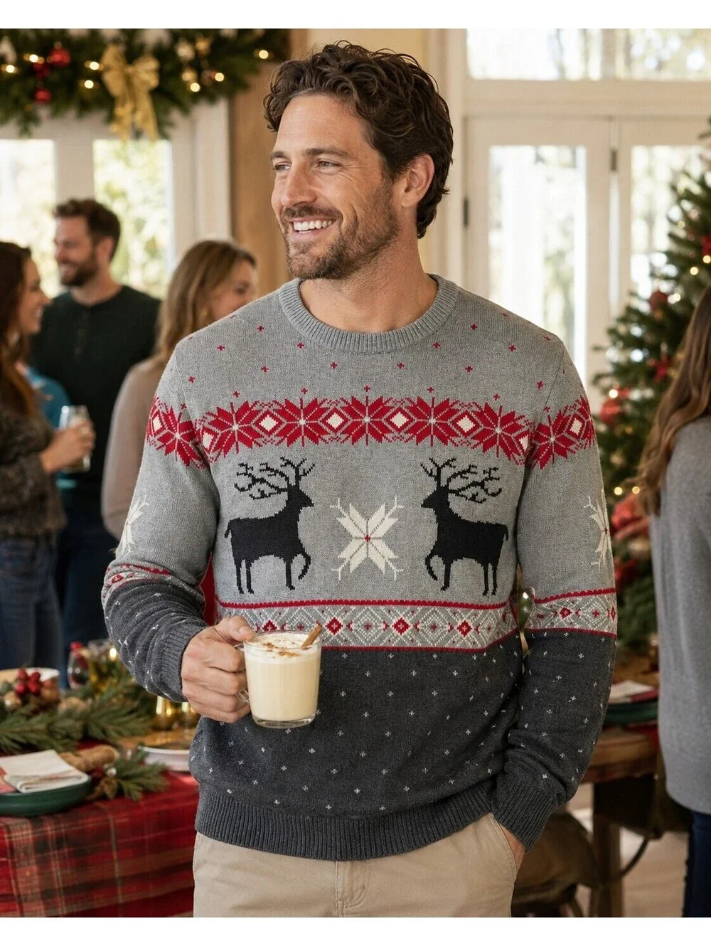 Chaps Mens M Christmas Sweater Reindeer Snowflake Fair Isle Nordic Gray Cotton